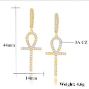 18k  gold plated 925 sterling silver micro pave iced diamonds ankh cross Earrings