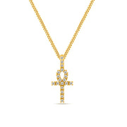18k  gold plated 925 sterling silver micro pave iced diamonds ankh cross pendant necklace with miami curb link chain