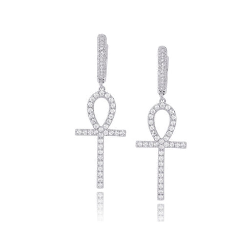 Sterling Silver Ankh Cross Ring With White CZ - Pave Journey Micro Band, Sizes 5-10