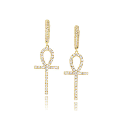 18k  gold plated 925 sterling silver micro pave iced diamonds ankh cross Earrings