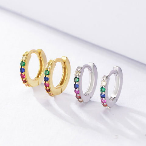Sterling Silver Minimalist & Dainty CZ Second Hole Huggie Hoop Earrings , Multicolor hoops earrings, rainbow hoops earrings ,rainbow huggies