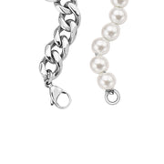 Chrome IP Gold Plated Half 10mm miami cuban link chain and half 8mm pearls bracelet for Men and Women in Stainless Steel 
