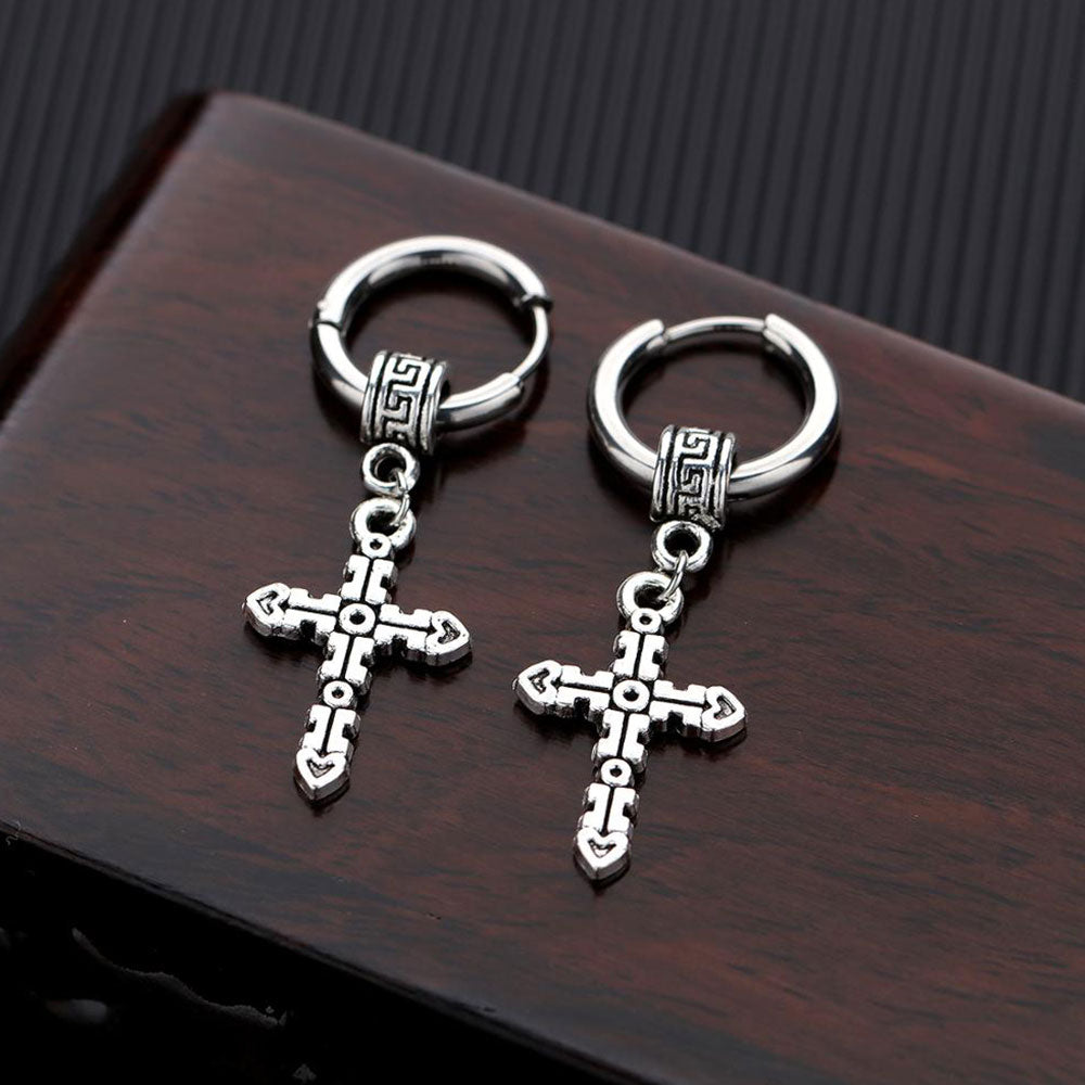 Forbidden Body Jewelry Black Cross Huggie Hoop Earrings For Men - Stainless Steel Medieval Style