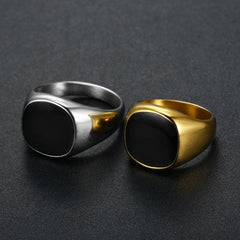 black enamel square signet ring in stainless steel