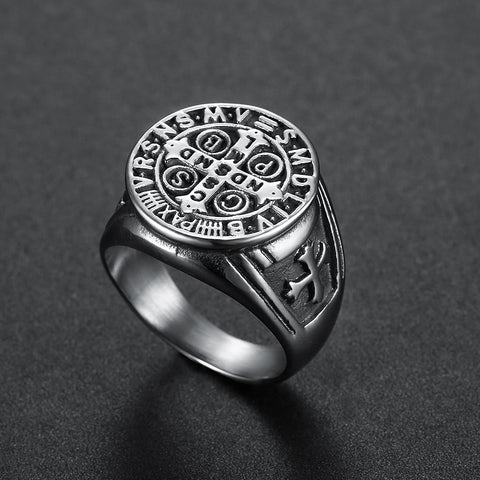 St Benedict Exorcism Ring Stainless Steel Catholic Roman Cross Demon Protection Ghost Hunter