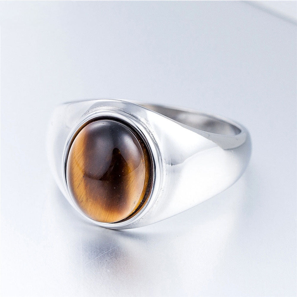 TIGER EYE OVAL STONE SIGNET RING in STAINELESS STEEL by SEVEN50